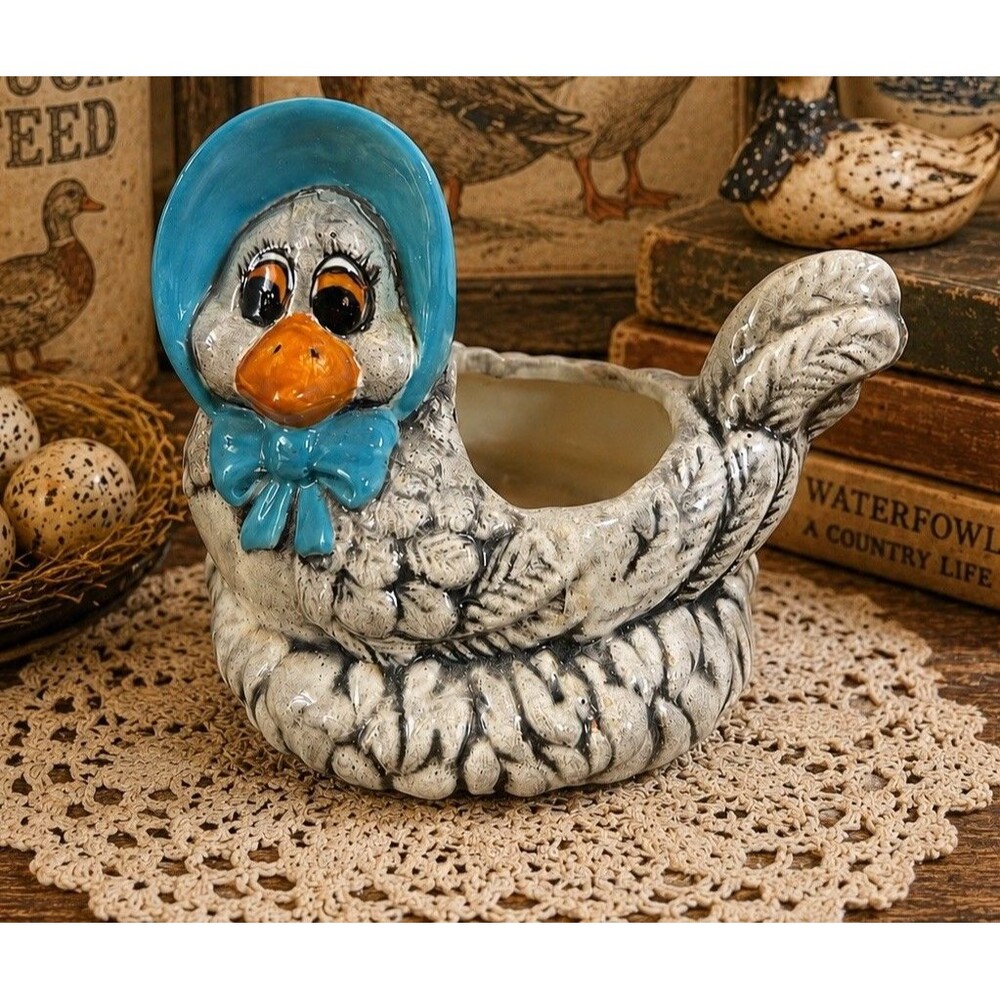 Vintage Ceramic Duck Goose Planter Blue Bonnet Bird Succulent Pot Nursery Decor